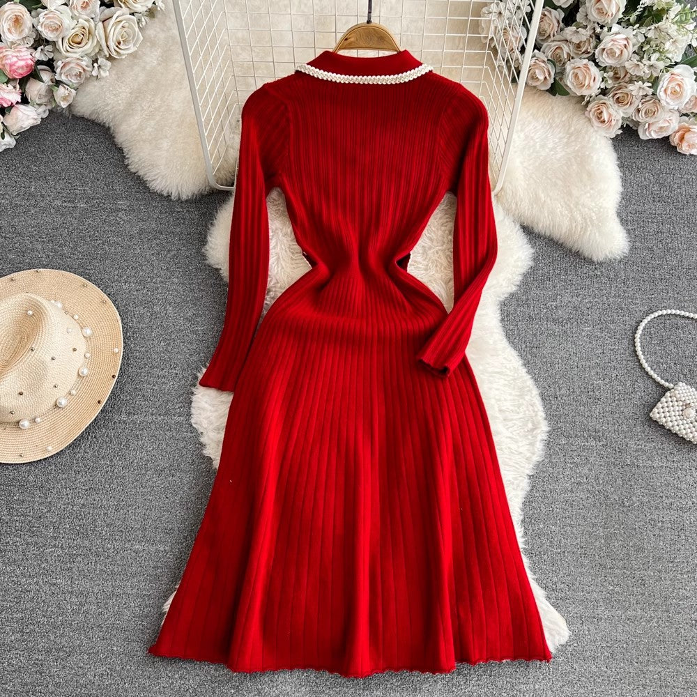 long-sleeved mid-length A-line knitted dress       S4236