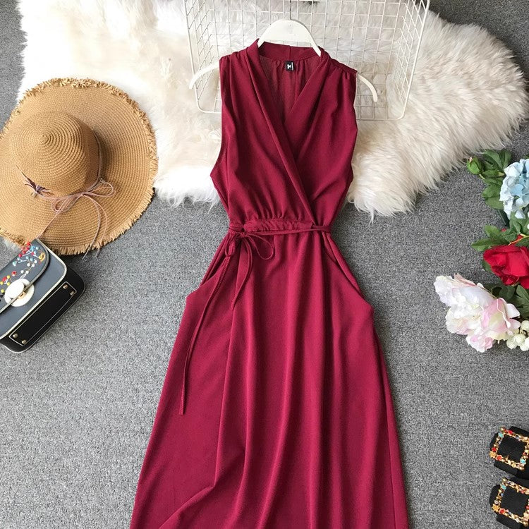 Sleeveless dress for women chiffon mid-length V-neck solid color simple     S4350