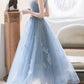 blue round neck tulle short prom dress, blue tulle homecoming dress     S3242
