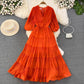 Puff short-sleeved V-neck A-line chiffon dress Elegant long skirt      S4285