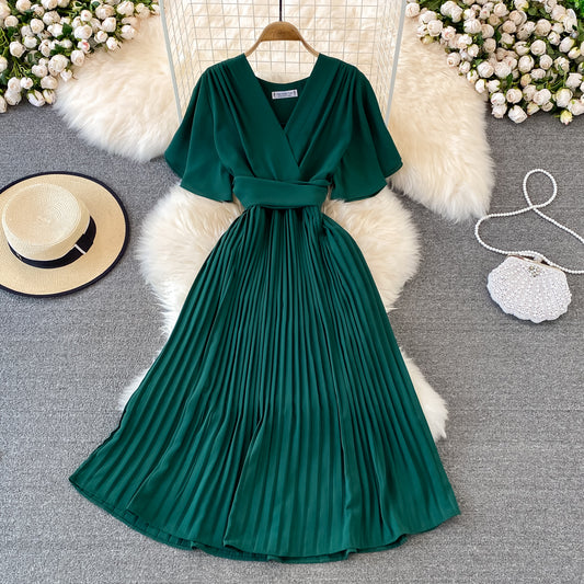 V-neck Short-sleeved Dress Over The Knee Lace-up Pleated Long Dress      S4465