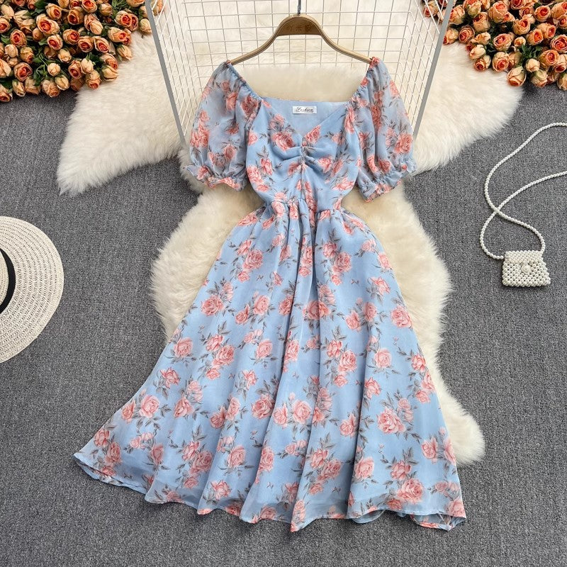 mid-length V-neck floral chiffon dress     S4430