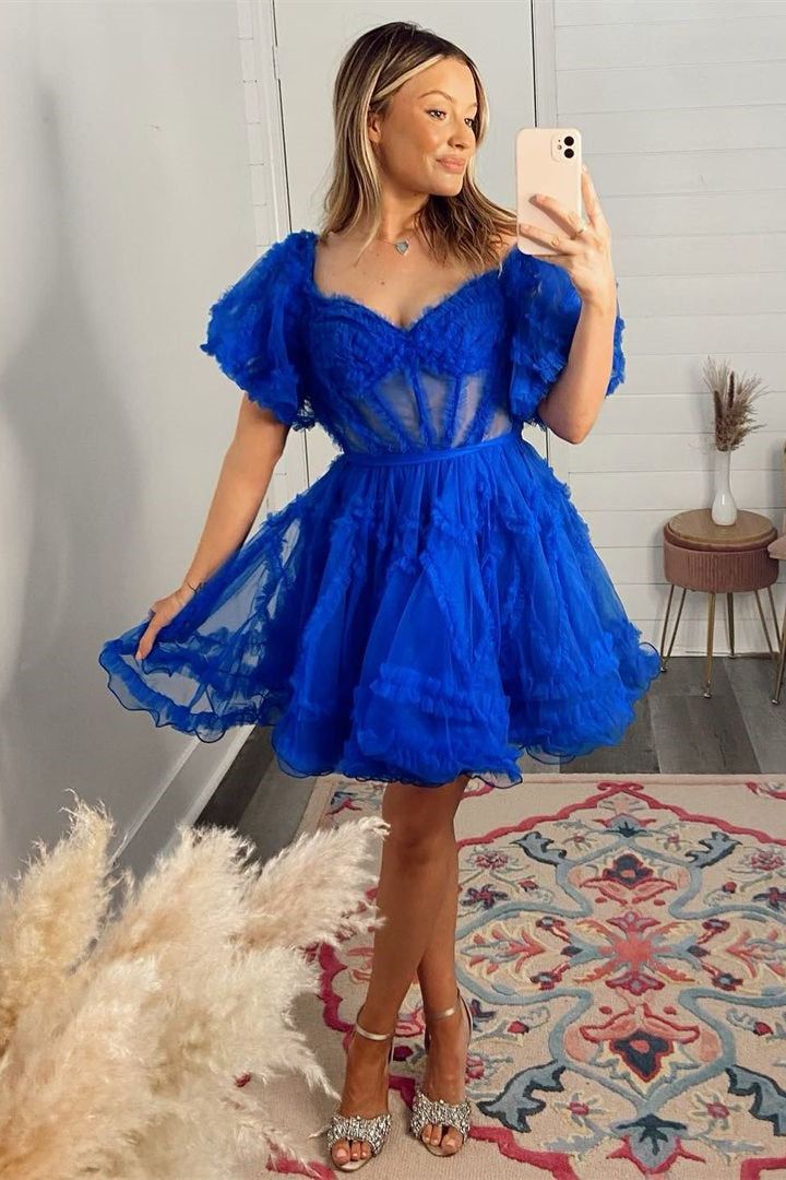 Off-the-Shoulder Ruffles Puff Sleeves Homecoming Dress      S2831