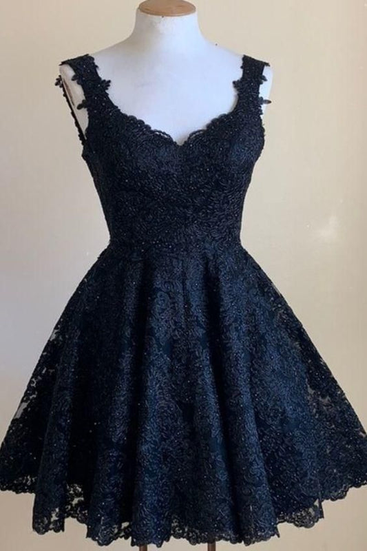 A line short dark blue homecoming dress with dark blue lace detailing      S3186