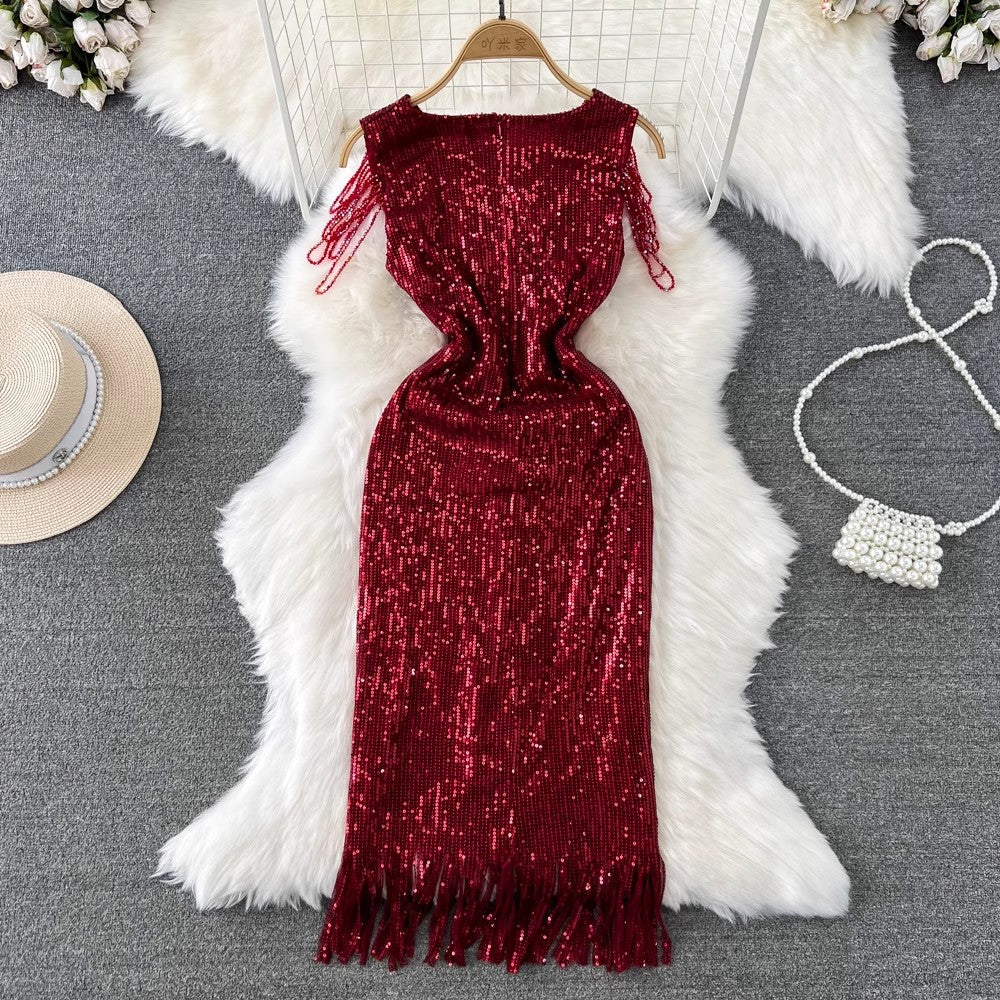 evening dress women's V-neck sequined tassel dress      S3936