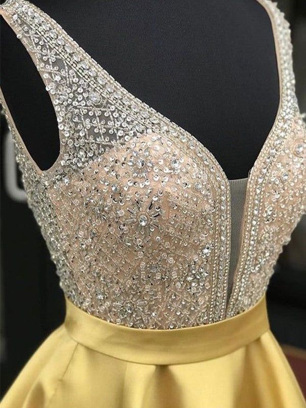 A Line V Neck Short Yellow Beaded Prom Dresses, Short Yellow Beaded Formal Homecoming Dresses      S3088