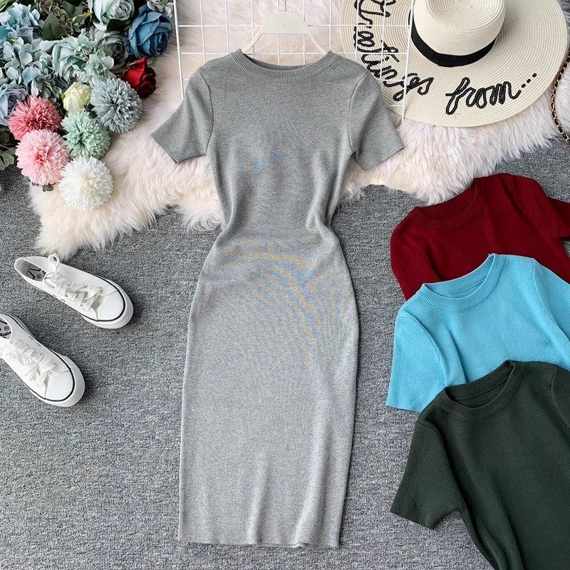 Short-sleeved solid color round neck elastic knitted tight skirt dress mid-length     S3947