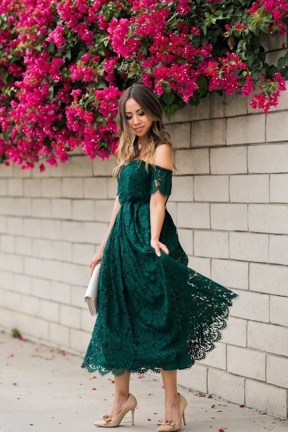 Green Lace Strapless Party Dress A Line Tea Length Prom Dress     S2699