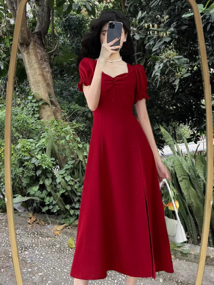 red dress for women new style puff sleeve slit long skirt    S3465