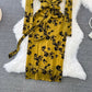 Fashionable long-sleeved V-neck mid-length A-line printed dress     S4114