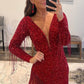 Red Plunging V Neck Long Sleeves Sequins Homecoming Dress with Tassels     S2647