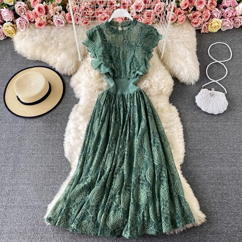 Lace Round Neck Dress, Long Sleeve Fashionable Elegant Ruffled Long Skirt      S3984