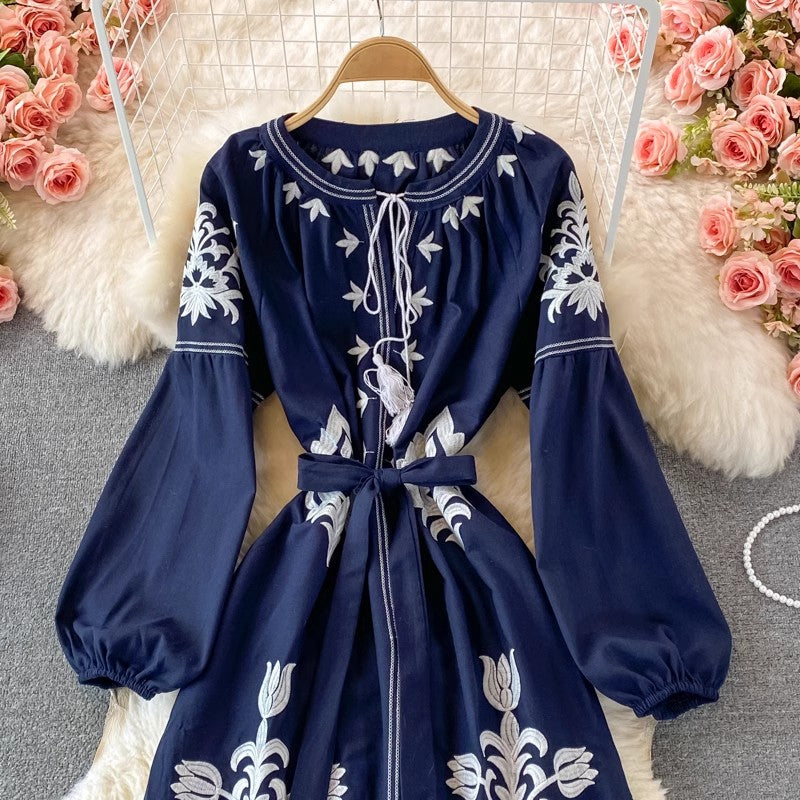 embroidered round neck lantern sleeve long dress bohemian dress for women      S4221