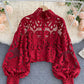 Stylish Hollow Lace Top Puff Sleeve Top     S4386