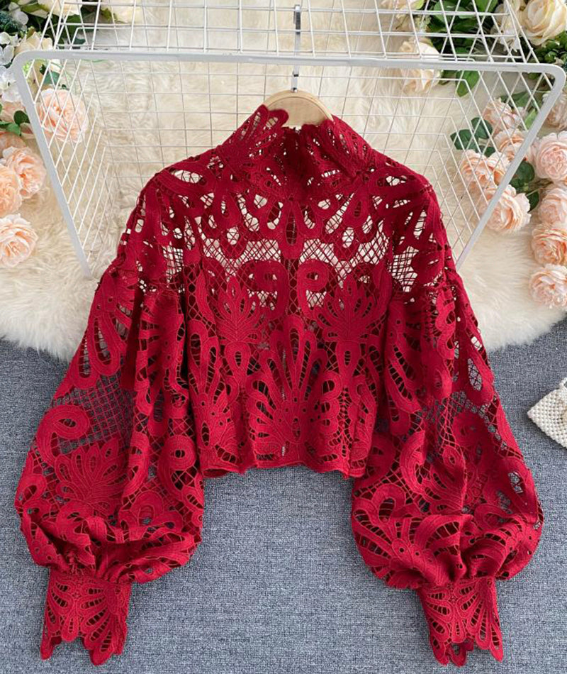 Stylish Hollow Lace Top Puff Sleeve Top     S4386