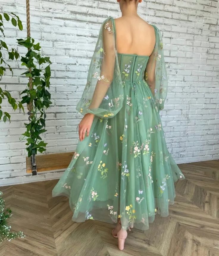 Floral dress,Fairy Prom Dresses Formal Party Puff Lantern Sleeve Tulle Homecoming Dress       S2896