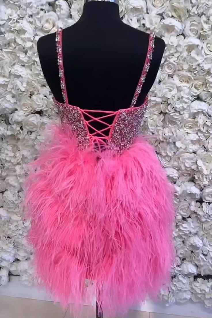 Lace-Up Hot Pink Beaded Feathers Short Homecoming Dress        S3049