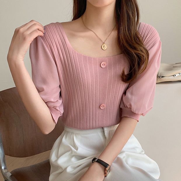 Chiffon puff sleeves square neck cropped knit top     S2829