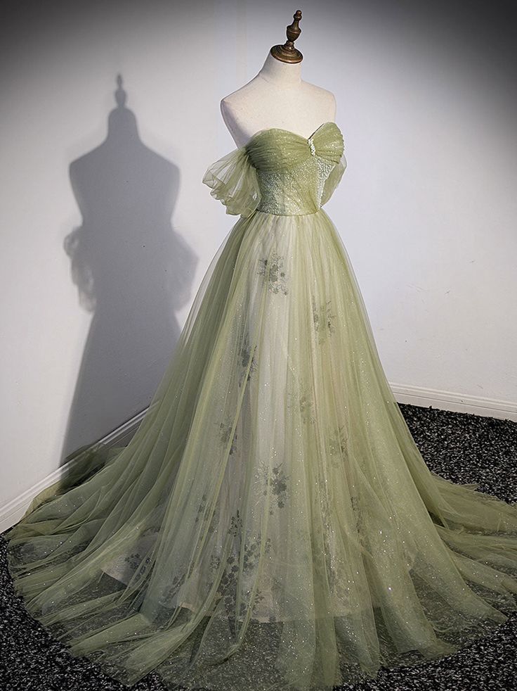 A line Green Long Prom Dress, Green Tulle Formal Evening Dress      S3205