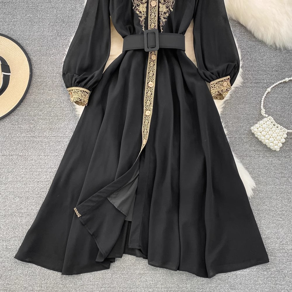 long-sleeved round neck A-line dress elegant long skirt     S3972