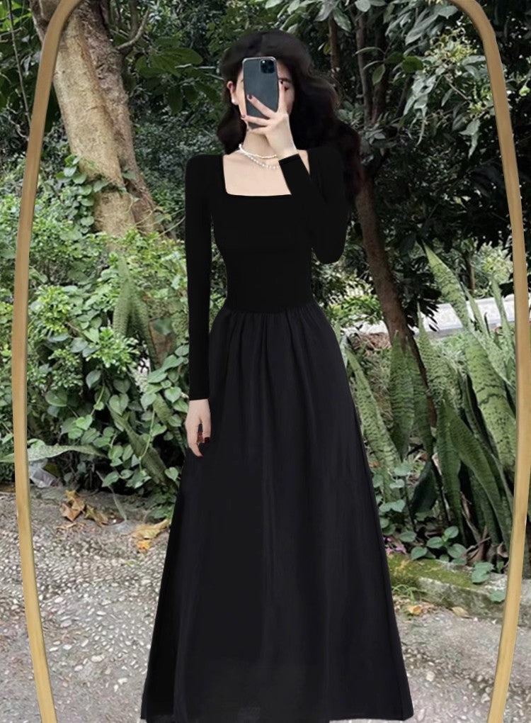 black dress for women 2023 autumn long-sleeved Dress     S3884