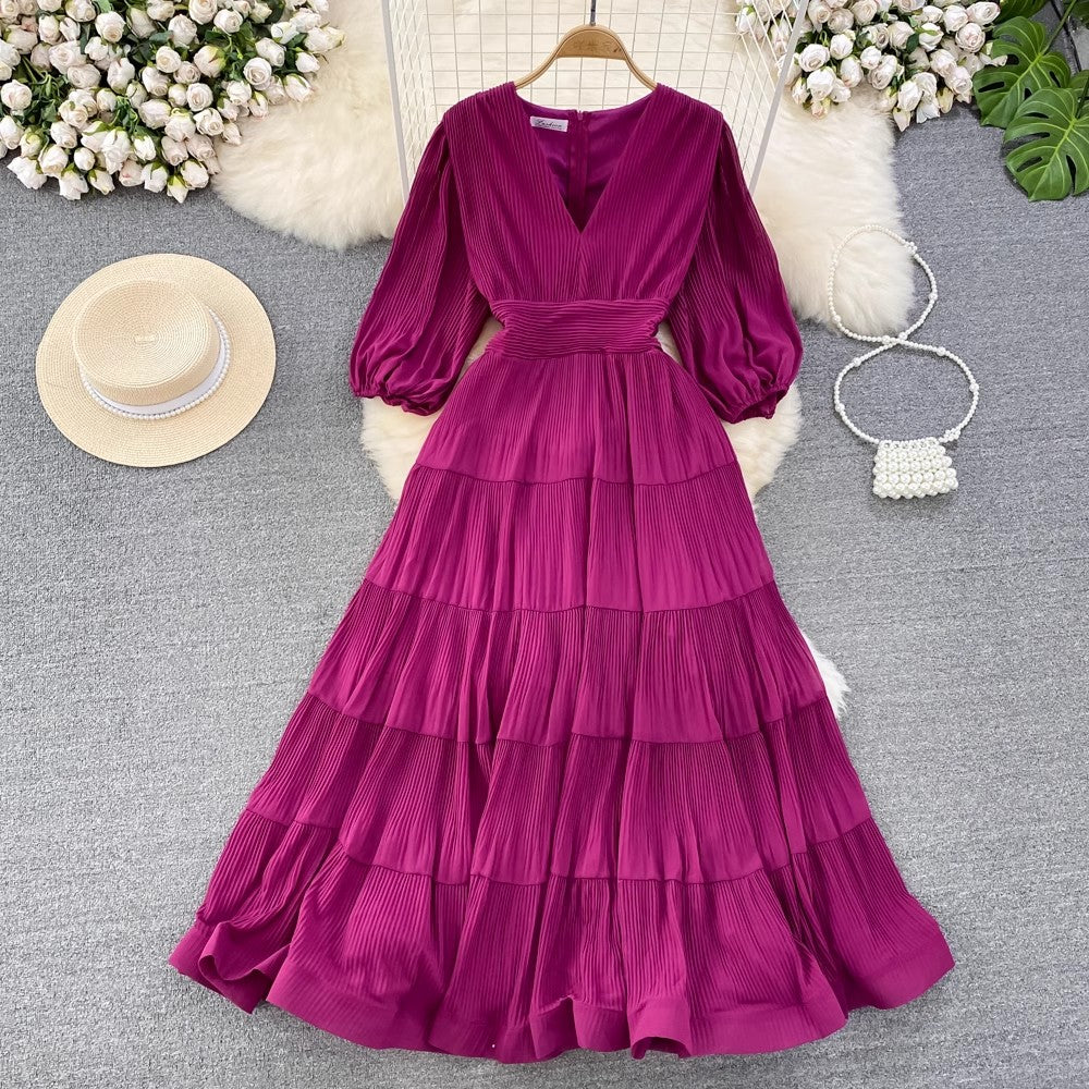 Puff short-sleeved V-neck A-line chiffon dress Elegant long skirt      S4285