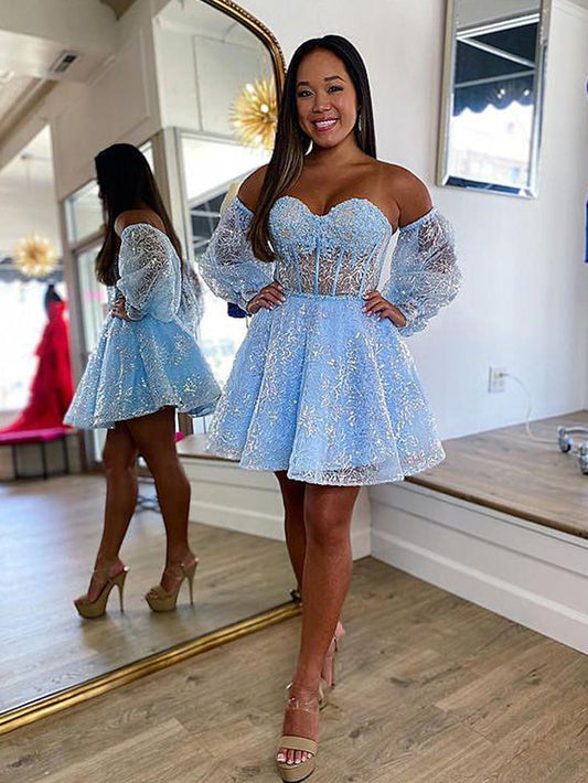 Short Light Blue Lace Prom Dresses, Light Blue Short Lace Formal Graduation Dresses       S2615