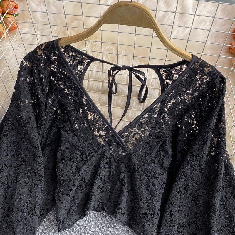 new elegant V-neck lace shirt long-sleeved shirt backless short top for women     S3988