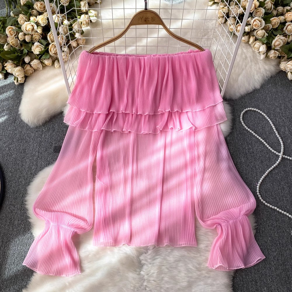 Fashionable design puff long-sleeved off-shoulder ruffle pleated chiffon women's casual top     S4210