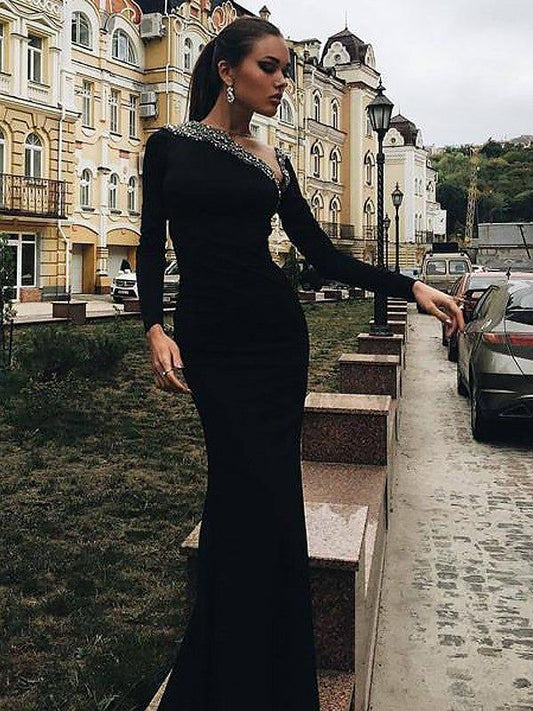 Gorgeous Mermaid Long Sleeves One-Shoulder Spandex Beading Prom Dresses        S3747