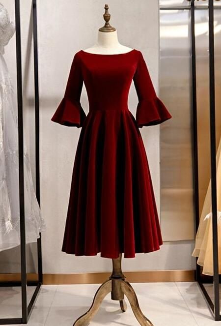 Burgundy Velvet Short Sleeve Short Prom Dress      S3240