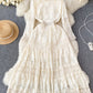 High-grade Party Dress, Hook Flower V-neck Dress ，fringe Fairy Dress, Long-sleeved Dress, Lace Dress      S4476
