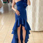 Royal blue satin one shoulder long prom dress blue cocktail dress    S3324