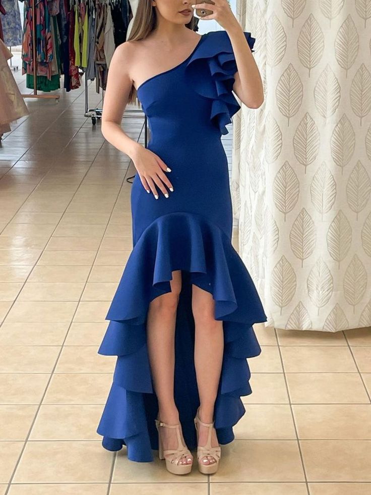 Royal blue satin one shoulder long prom dress blue cocktail dress    S3324