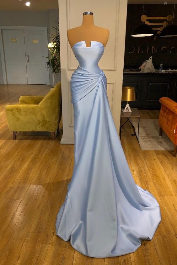 Strapless Ruched Satin Long Prom Dress with Side Sweep Train       S3552