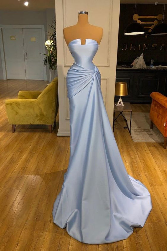 Strapless Ruched Satin Long Prom Dress with Side Sweep Train       S3552