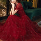 Burgundy A line tulle sequin long prom dress, burgundy tulle formal dress     S2555
