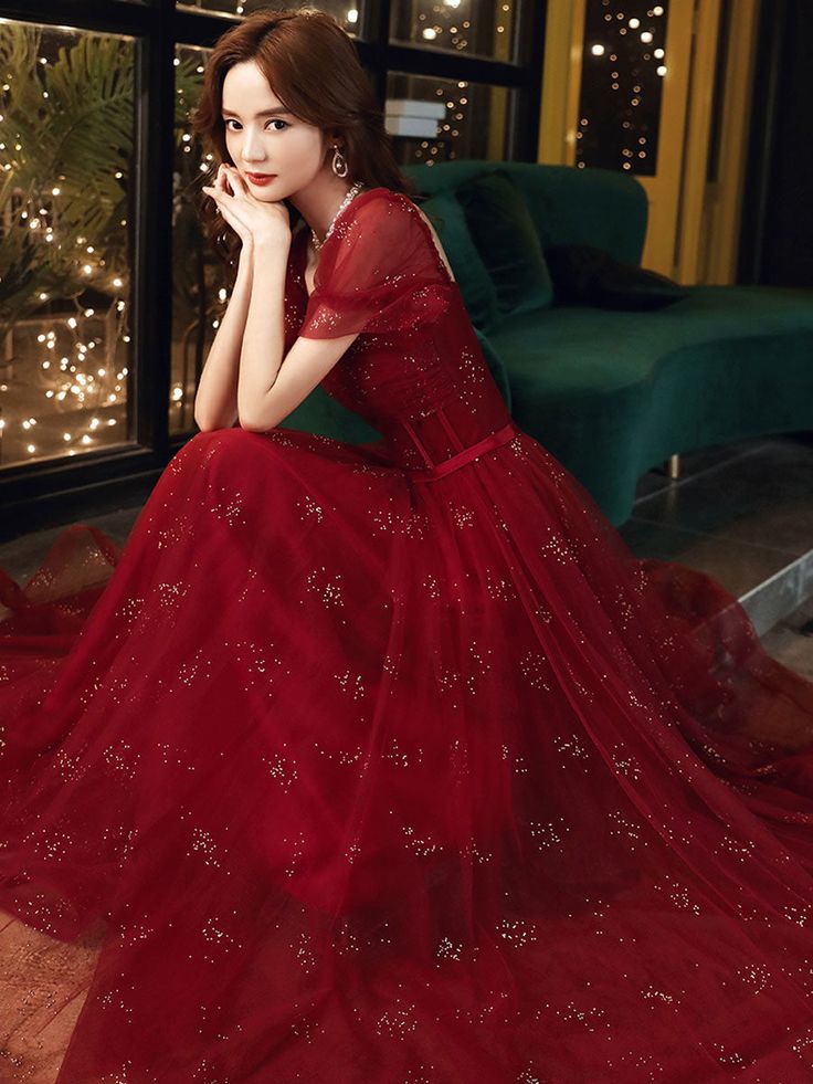 Burgundy A line tulle sequin long prom dress, burgundy tulle formal dress     S2555