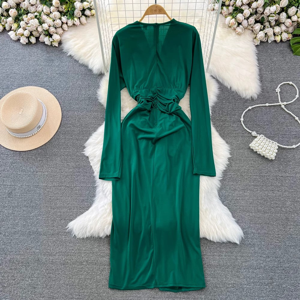 fashionable long-sleeved V-neck pleated waist mid-length slit A-line dress      S4484