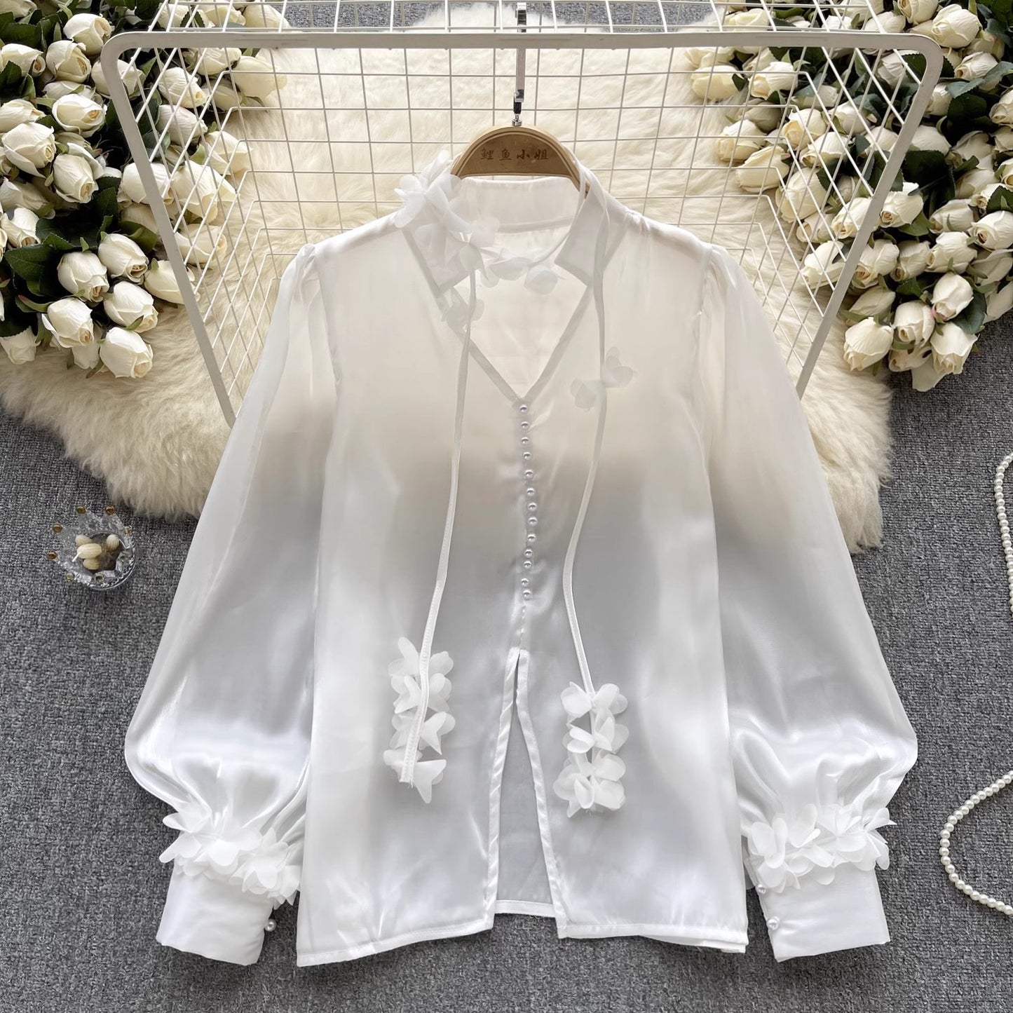 mesh shirt for women with ribbon long-sleeved design beautiful top trend     S4532