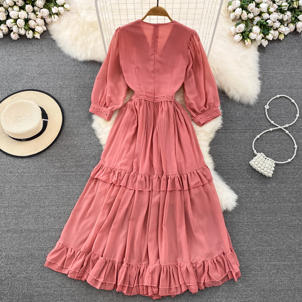 Cute A-line Chiffon Dresses, V-neck 1/2 Sleeve Fashion Dresses     S4413