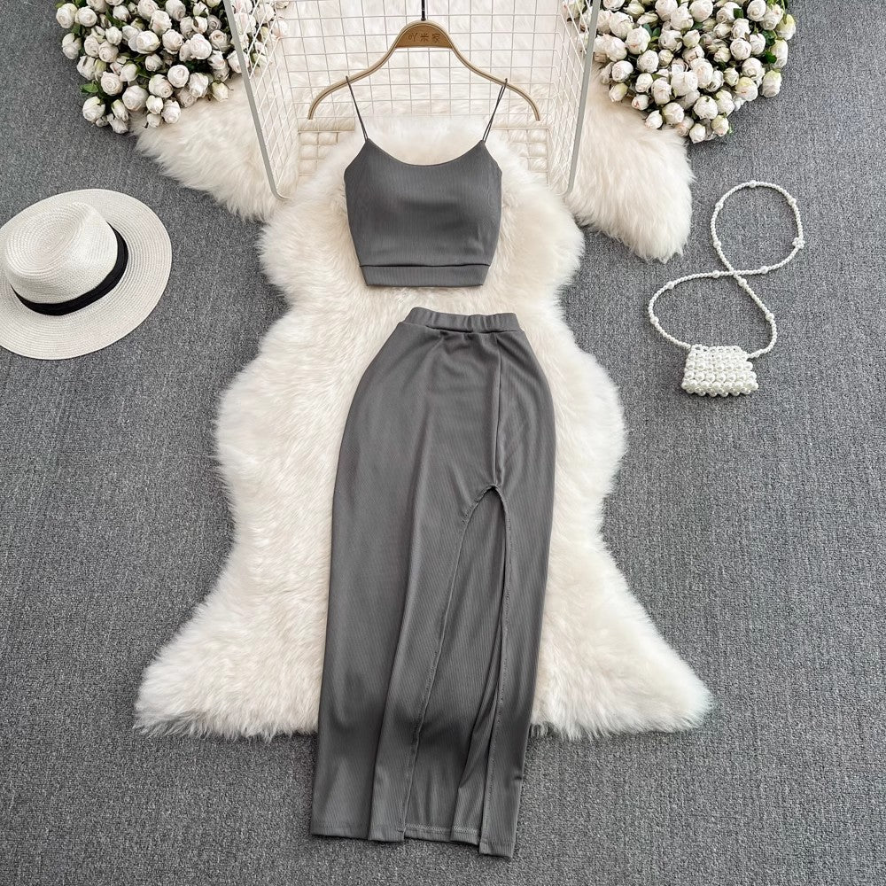 Hot girl fashion suit women's backless two-piece mid-length skirt       S4224