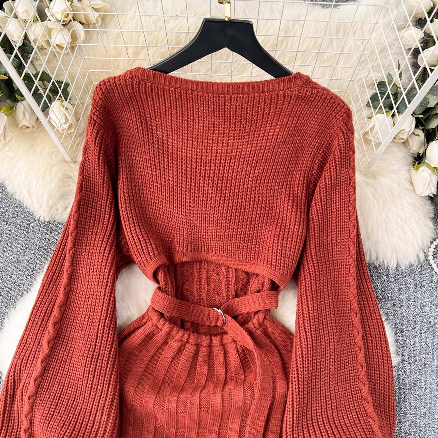 Sweater Dress Women's High-Quality Square Neck Puff Sleeve Knitted Skirt      S4615