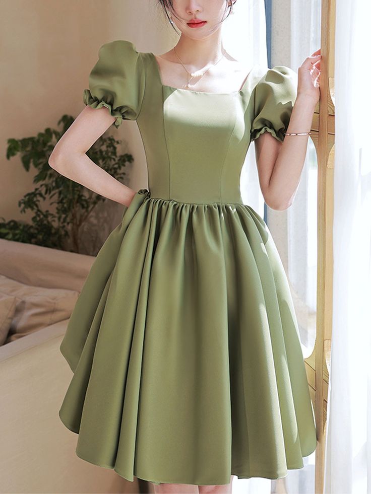 Simple Green Satin Short Prom Dress, Green Satin Bridesmaid Dress     S3299