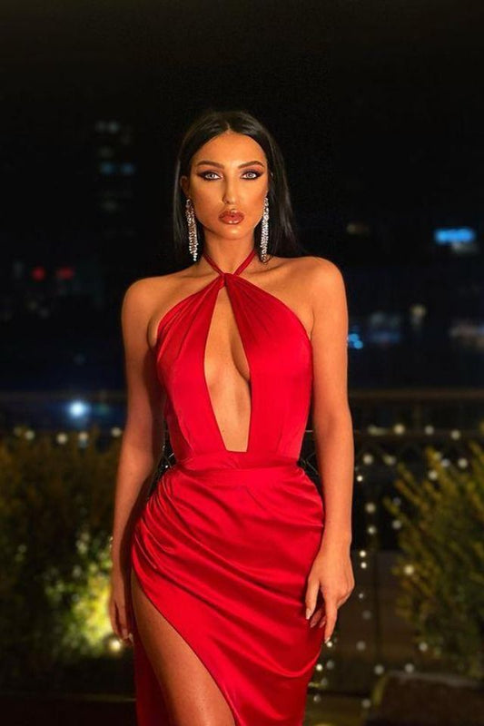 Sexy Mermaid Halter Red Satin Deep V Neck Prom Evening Dresses with High Split,Evening Party Dresses     S3606