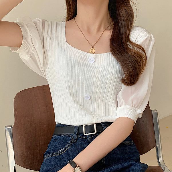 Chiffon puff sleeves square neck cropped knit top     S2829