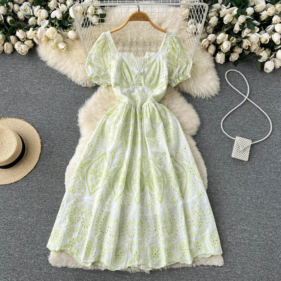 High Waist Puff Sleeve Long Lace Dress    S4457