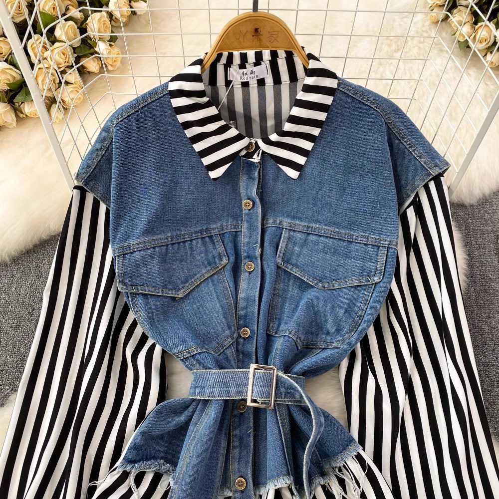 Denim Vest Spliced Striped Shirt Women's Casual Irregular Top    S4051