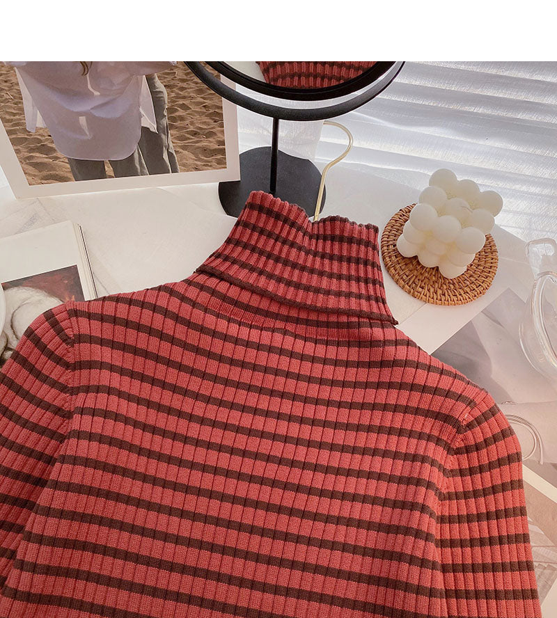 High neck stripe bottomed long sleeve top popular sweater       S2526