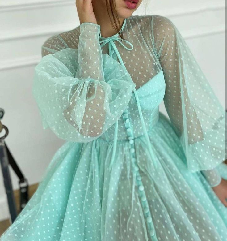 Mint Green Long Lantern Sleeve Ankle Length Dress      S3121